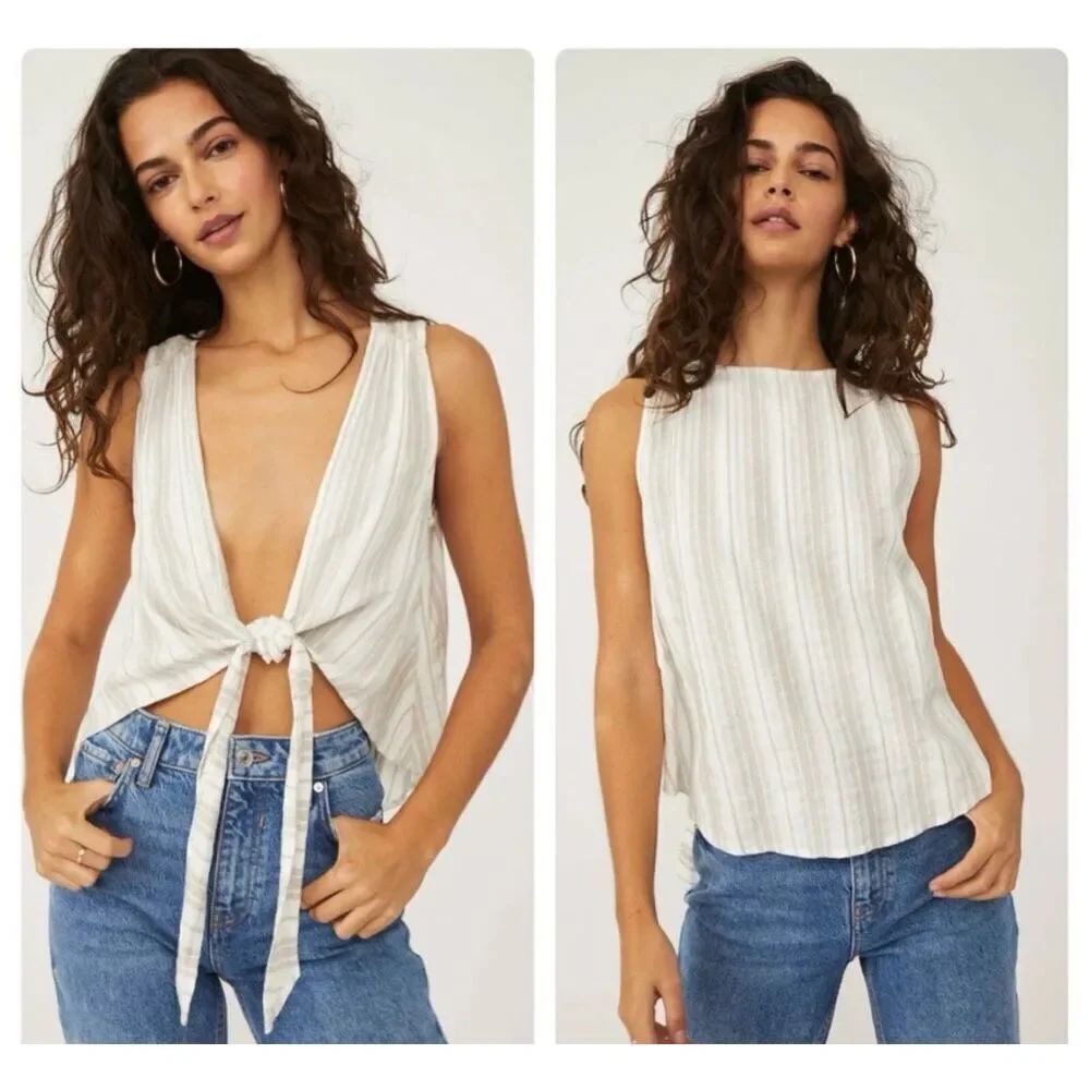 Free People By My Side Top cotton/linen blend Striped Tie High Low Blouse Sz XS